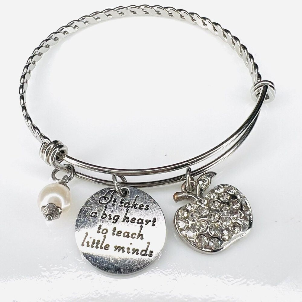 Adjustable Teacher Apple Rhinestone Charm Wire Bracelet Silver Tone 4172